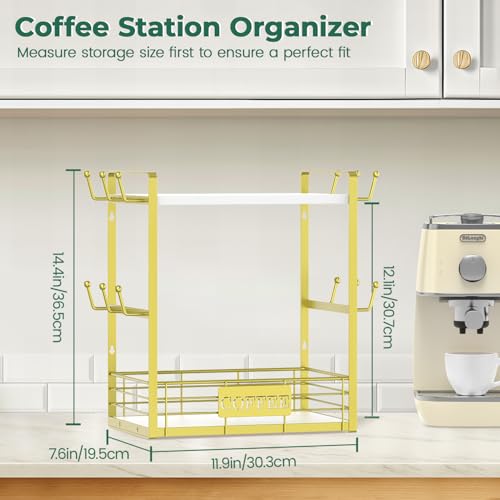 EsLuker.ly Coffee Mug Cup Holder Tree Bar Station Organizer, 2 Tier Mug Stand Rack for Countertop Kitchen, Storage Tower Display Shelf with 12 Hooks, Coffee Nook Enhancer, White-Gold - color: White + Gold