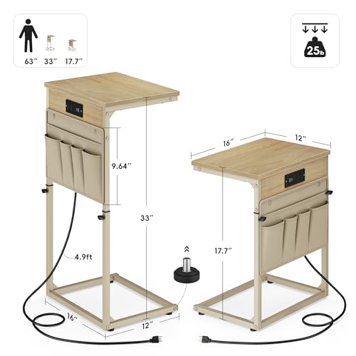 Vagusicc C-Shaped End Table with Charging Station, Small Side Table for Couch, 33" Tall C Table Adjustable Height Side Table, Couch Tables that Slide Under, Sofa Table TV Tray for Living Room, Natural - color: 1pc Natural Walnut