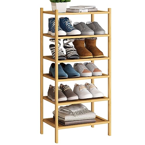 BMOSU 6-Tier Bamboo Small Shoe Rack Premium Stackable Shoe Shelf Storage Organizer for Hallway Closet Living Room Entryway Organizer(Natural) - color: Natural, size: Small-6-Tier（17*11*36.6inches）