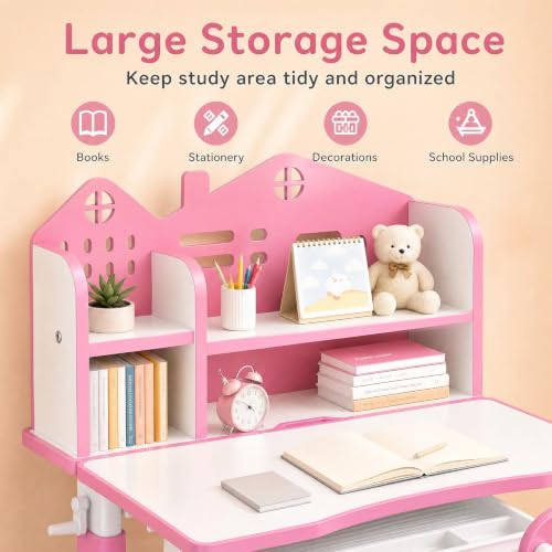 Kids Desk and Chair Set, Height Adjustable Child's School Study Writing Tables, Kids Desk with Bookstand and Storage Drawer, Widened Desktop with Desktop for Boys and Girls (Pink-A-MAX) - color: Pink-a-max