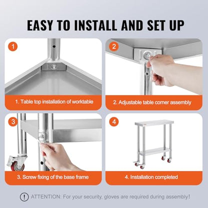 VEVOR Stainless Steel Work Table 30 x 12 x 34 Inch, 700 LBS Load Capacity with 4 Wheels, 3 Adjustable Height Levels, Heavy Duty Food Prep Worktable for Commercial Kitchen Restaurant, Silver - size: 30*12*34In, style: With Caster