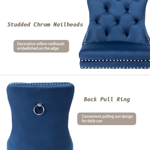 KCC Velvet Dining Chairs Set of 4, Upholstered High-end Tufted Dining Room Chair with Nailhead Back Ring Pull Trim Solid Wood Legs, Nikki Collection Modern Style for Kitchen, Blue - color: Blue, size: Set of 4