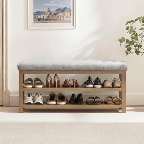 Zihanhome Shoe Rack Bench with Cushion, 2 Tier Solid Wood Storage Bench, Mid-Century Modern Shoe Bench for Entryway, Hallway, Closet, Front Door Entrance, Foyer (Grey, 46.5") - color: Grey, size: 46.5"