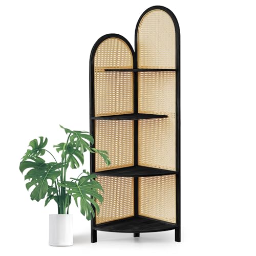 70" Arched Rattan Corner Shelf, 4-Tier 90° Corner Design, Black | Rattan Display Stand, 4-Tier Corner Storage Rack with Pine Frame for Living Room, Office, Small Spaces, Smooth Rounded Edges - color: Black