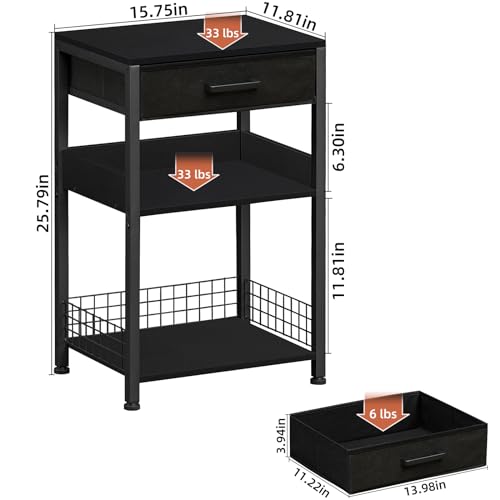 Lerliuo Pure Black Printer Table with Fabric Drawer,3 Tier Industrial Wood Printer Stand with Storage Shelf,Modern Tall End Table,Nightstand,Bed Side Tables for Scanner Fax Home Office Small Spaces - color: Pure Black