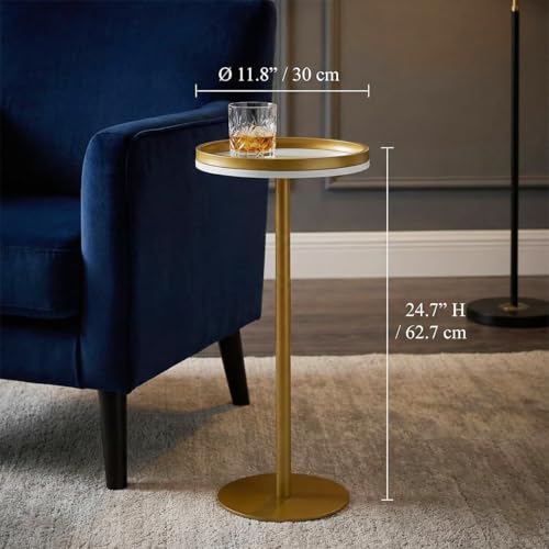 Martini Table, Small Round Drink Table with Weighted Base,Modern White & Gold Pedestal End Table with Tray Top Edge for Small Spaces, Living Room, Next to Sofa,24.7 "Tall - color: White + Gold
