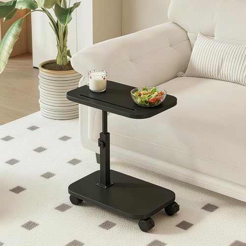 Adjustable Height TV Tray Table with Wheels, C Shaped End Side Table & Phone Tablet Slot, Swivel Snack Stand for Couch, Sofa, Bed,Living Room, Laptop Use in Small Spaces (Black) - color: Black