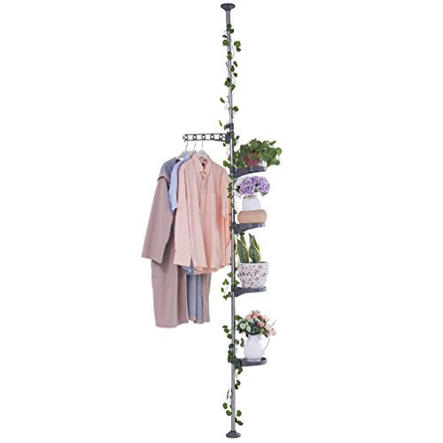 BAOYOUNI 5-Layer Tension Pole Plant Stands Indoor Metal Flower Display Rack Space Saver Floral Pot Hanging Shelf ,Grey - color: Grey, size: 1 x 5 Tier