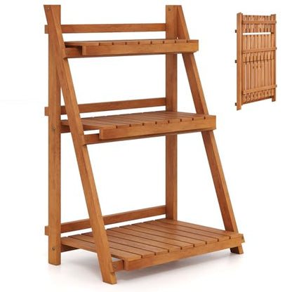 S AFSTAR 3-Tier Folding Plant Stand, Wood Ladder Flower Rack with Anti-falling Bars, Corner Storage Shelves for Book, Decorations, Potted Flower Stand Holder for Living Room, Balcony, Study, No Assembly