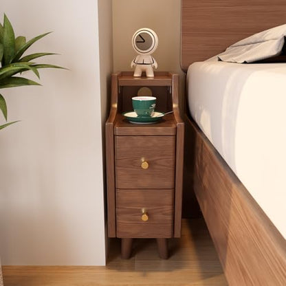 Narrow Nightstand with 2 Drawers,Walnut Nightstand,Bedside Table,Solid Wood Modern Bedside Table for Bedroom,Study,Toilet - color: Walnut, size: 15.75"D x 7.87"W x 22.32"H(2 Drawers)