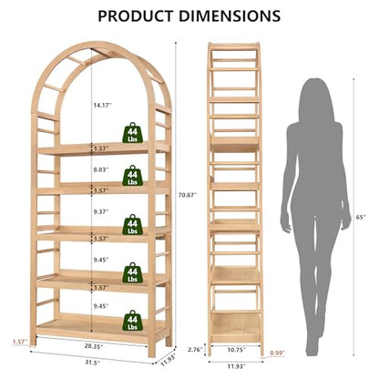 5-Tier Solid Wood Open Bookcase, Modern Arched Bookshelf, Home Office Shelf Storage Organizer, Storage Display Rack Shelf for Living Room (Natural)