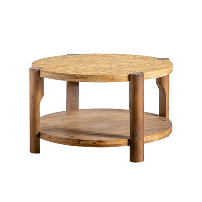 34.65'' Round Coffee Table 2-Tier for Living Room, Modern Mid-Century Circle Carved Handcrafted Solid Wood Coffee Table, Easy Assembly, Natural - color: Ø34.65''-natural Wood