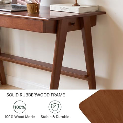 100% Solid Wood Desk Home Office Desk Mid Century Modern Rubberwood Writing Computer Desk with Drawer for Home Office 39" W - color: Teak-rubberwood, size: 39"W