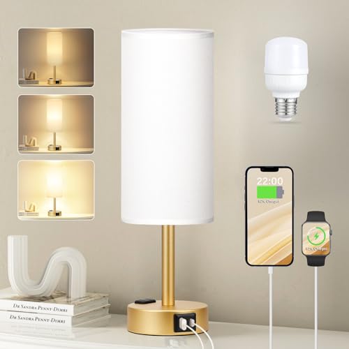 Fenmzee Gold Touch Lamp for Bedroom- 3 Way Dimmable Bedside Lamp USB C A Charging Ports and AC Outlet, Small Table Lamp White Linen Lampshade for Gift, LED Bulb Included - color: White - Gold, size: 14" Touch Control