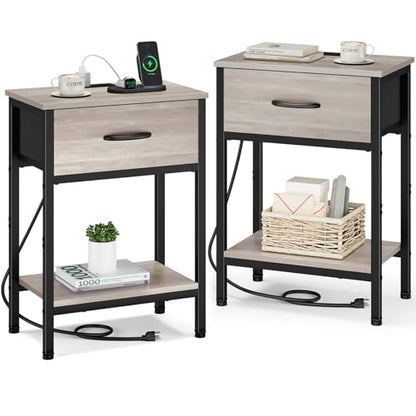 Vagusicc Nightstand Set of 2 with Charging Station, Bed Side Table with Fabric Drawer, Small End Table with 2-Tier Storage Shelves, 25.4" Tall Night Stand Bedside Table for Bedroom Living Room, Greige - color: Greige (2 Pack)