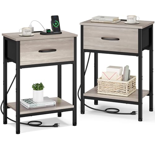 Vagusicc Nightstand Set of 2 with Charging Station, Bed Side Table with Fabric Drawer, Small End Table with 2-Tier Storage Shelves, 25.4" Tall Night Stand Bedside Table for Bedroom Living Room, Greige - color: Greige (2 Pack)