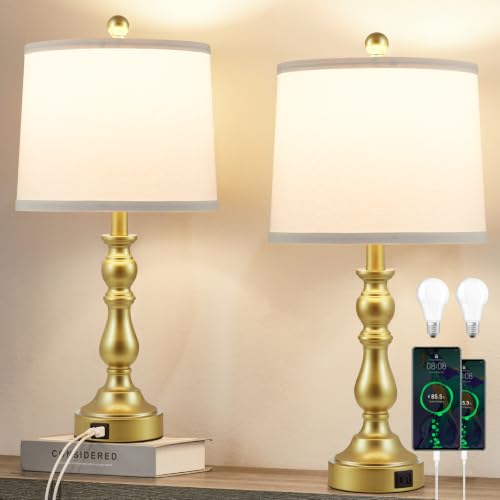 Farmhouse Side Table Lamps for Living Room Set of 2 with USB C+A Ports, Bedside Lamp for Bedroom, Dining Room Decor, Office, End Table, Knob Switch, 3 Color Temperatures, Bulb Included, Gold - color: f. White Shade & Gold Base