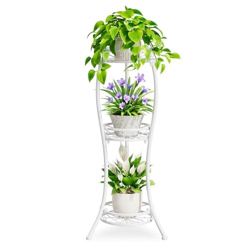 iDavosic.ly 3 Tier Tall Metal Plant Stand Indoor Outdoor, Wrought Iron Corner Flower Pot Holder Shelf, 34 Inch Vertical Display Rack for Patio Porch Living Room Garden, White - color: White, size: 3 Tiers