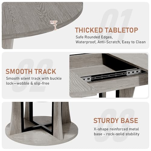 Extendable Round Dining Table for 4-6-8, 43.3-59in Expandable Kitchen Table with Storage Shelf, Space Saving Circle Oval Dining Table with Leaf for Kitchen, Dining Room, Gray - color: Grey
