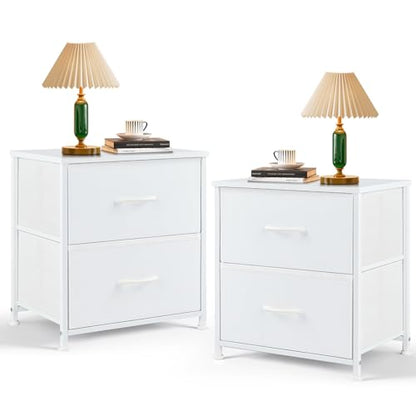 Nightstand Set of 2 Small 2 Drawer Dresser End Table Bedside Furniture | Wooden Top Fabric Bins for Bedroom, Closet, Entryway, Dorm, 11.8" D x 18" W x 20", White - color: White