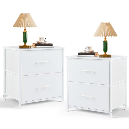 Nightstand Set of 2 Small 2 Drawer Dresser End Table Bedside Furniture | Wooden Top Fabric Bins for Bedroom, Closet, Entryway, Dorm, 11.8" D x 18" W x 20", White - color: White