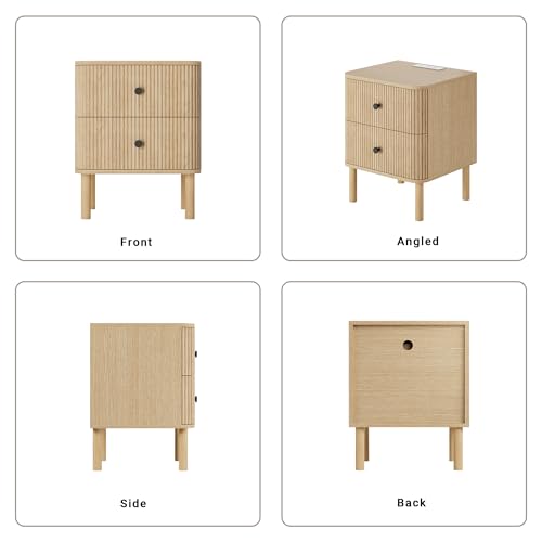 Fluted Nightstand Set of 2 with Charging & Rounded Drawer Fronts | 18in Wide, Bedroom, Natural Oak, FSC-Certified MDF, Solid Wood Legs, 2 Drawer, Metal Knobs, Bedside Table, End Table, Modern - color: Natural Oak - Rounded Drawer, size: 18"W