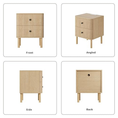 Fluted Nightstand Set of 2 with Charging & Rounded Drawer Fronts | 18in Wide, Bedroom, Natural Oak, FSC-Certified MDF, Solid Wood Legs, 2 Drawer, Metal Knobs, Bedside Table, End Table, Modern - color: Natural Oak - Rounded Drawer, size: 18"W