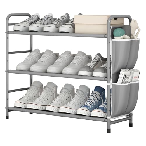 3 Tier Shoe Rack with Side Pockets, Shoe Organizer Space Saver Storage for 7-9 Pairs Shoes Storage Shelf Sturdy Free Standing Metal Long Shoe Holder Organizer for Closet, Entryway Grey - color: Grey, size: 3 Tier