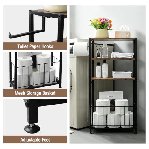 Freestanding Toilet Paper Holder with Storage Wood Shelf Adjustable Feet Bathroom Toilet Paper Stand Holder with Extra Roll Storage Basket Narrow Side Tissue Holder For Bathroom Laundry Room Apartment