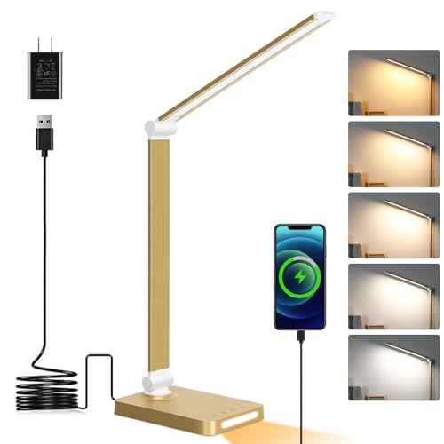 LED Desk Lamp with USB Ports,Touch Desk Lamps for Home Office with 5 Color Modes,3 Brightness Desk Light with Small Night Light,Reading Lamp Table Lamp for Bedroom Bedside Study Gold （with adapter） - color: Gold