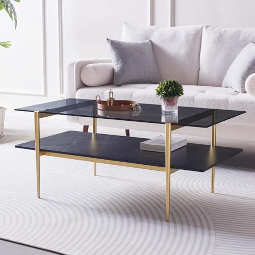 LumFurn Rectangle Coffee Table for Living Room, Mid-Century Modern Design, L41 x W21 x H17, 2-Tier Structure, Clear Glass Top and Black Marble Wood Shelf, Conical Metal Legs with Gold Finish - color: Grey & Black Marble, size: L41" Rectangle Coffee Table