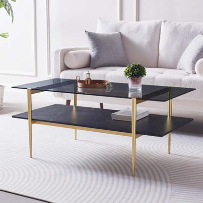 LumFurn Rectangle Coffee Table for Living Room, Mid-Century Modern Design, L41 x W21 x H17, 2-Tier Structure, Clear Glass Top and Black Marble Wood Shelf, Conical Metal Legs with Gold Finish - color: Grey & Black Marble, size: L41" Rectangle Coffee Table