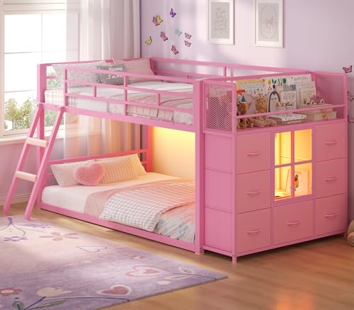 BTHFST Low Bunk Bed Twin Over Twin with 7 Large Fabric Drawers & Bookshelf, Metal Bunk Bed with RGB LED Lights & Slanted Ladder & Safety Guardrail, Space-Saving Kids Low Loft Bed Twin, Pink - color: Pink