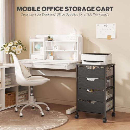 Rolling Cart with Drawers, Wooden Top and Front, with Wheels Metal Under Desk Storage Cart with 4 Drawers, for Office, Bedroom, Classroom, Home, Black - color: Black
