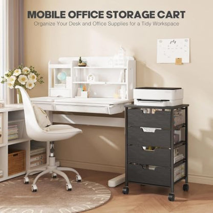 Rolling Cart with Drawers, Wooden Top and Front, with Wheels Metal Under Desk Storage Cart with 4 Drawers, for Office, Bedroom, Classroom, Home, Black - color: Black