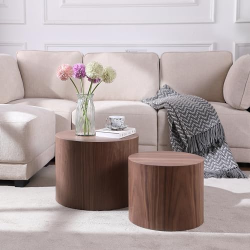 Round Coffee Table Set of 2, Nesting Coffee Table and End Table Set Wood Small Circle Drum Side Table for Living Room Office, No Assembly,Walnut - color: Walnut