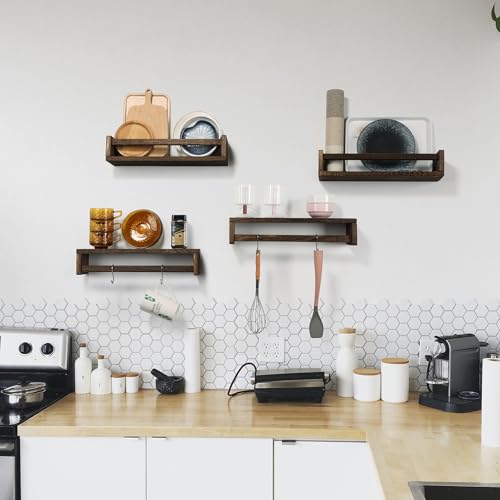 Nursery Room Shelves Set of 4, Wood Floating Book Shelves for Kids Room, Baby Book Shelf for Nursery, Kitchen Spice Rack (Carbonized Brown) - color: Carbonized Brown