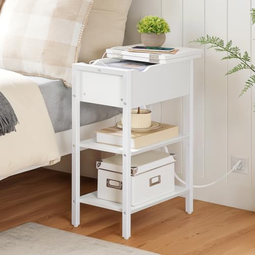 HOOBRO End Table with Charging Station, Narrow Side Table, Flip Top Nightstand with USB Ports and Outlets, Bedside Tables with Shelf for Small Spaces, Living Room, White WT341BZ01 - color: White