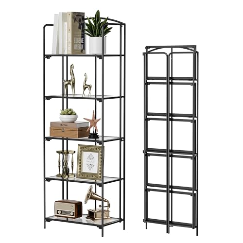 Crofy 5-Tier Foldable Bookshelf, Black Frame & Transparent Shelves | No-Assembly Collapsible Portable Storage Organizer; Sturdy Transparent Shelves; Ideal for Living Room & Home Office - color: Black Frame & Transparent Shelf, size: 5 Tier