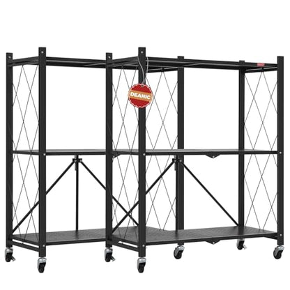 DEANIC 3 Tier Foldable Storage Shelves with Wheels, Kitchen Appliance Stand, Freestanding Metal Wire Shelf Rack, No Assembly Organizer Rolling Cart for Garage, Basement, Pantry(Black Pack of 2) - color: Black