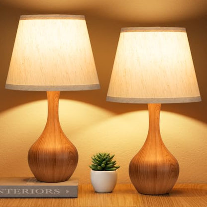 Seealle Touch Table Lamps for Bedroom Set of 2, 3-Way Dimmable Small Bedside Lamps for Night Stands with Wires, Wood-Paint Desk Lamps for Kids Room, Office, Living Room(LED Bulb Included) - color: I. Oatmeal Shade & Wood-paint Base