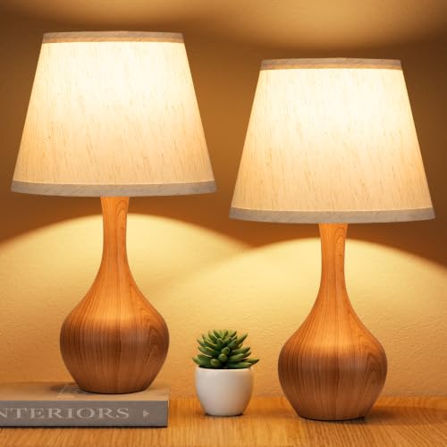 Seealle Touch Table Lamps for Bedroom Set of 2, 3-Way Dimmable Small Bedside Lamps for Night Stands with Wires, Wood-Paint Desk Lamps for Kids Room, Office, Living Room(LED Bulb Included) - color: I. Oatmeal Shade & Wood-paint Base