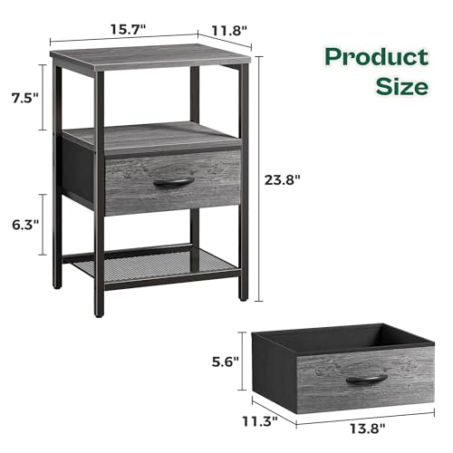 Huuger Nightstand Set of 2, Night Stand with Fabric Drawer, Mesh Shelf, Side Table with Storage, Fabric Drawer Dresser, Open Shelf, Metal Frame, Bedroom, Grey - color: Grey