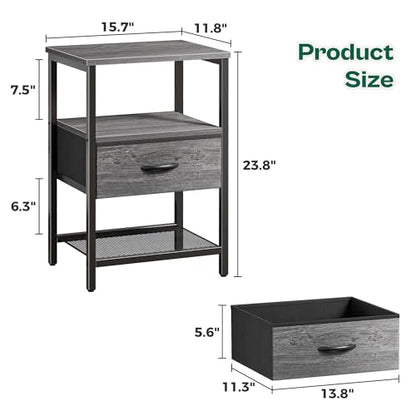 Huuger Nightstand Set of 2, Night Stand with Fabric Drawer, Mesh Shelf, Side Table with Storage, Fabric Drawer Dresser, Open Shelf, Metal Frame, Bedroom, Grey - color: Grey