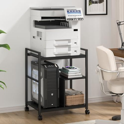 Lerliuo 24" Wide Large Printer Stand with Storage, Black | Printer Table for Home Office with Charging Station, 3 Tier Industrial Mobile Printer Cart with Lockable Wheels - color: Black