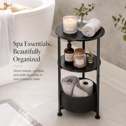 Small Round Side Table with Storage Basket, 3-Tier Narrow End Table Nightstand for Living Room Bedroom, 11.8" Diameter Modern Bedside Table for Small Spaces, Wood Grain & Metal Frame (Black) - color: Black