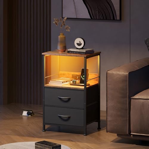 WLIVE Nightstand with Charging Station, LED Night Stand with 2 Fabric Drawers and Open Shelf, Small Dresser for Small Spaces, Side End Tables for Bedroom, Rustic Brown and Black - color: Black and Rustic Brown