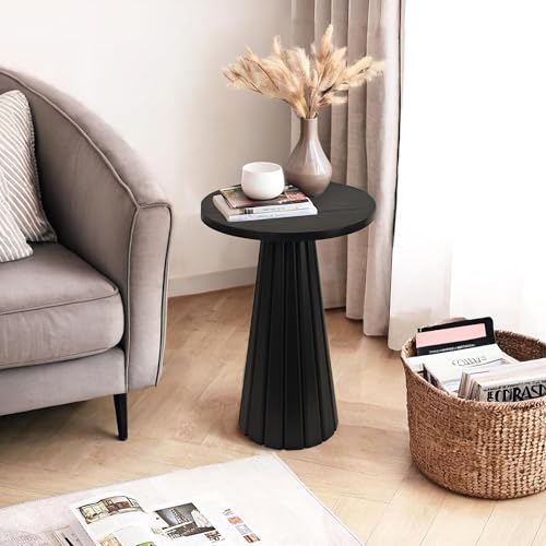 COVLON Fluted Drum Side Table, Small Round Side Table, Pedestal End Table, Modern Accent Drink Table, Plant Stand for Living Room, Bedroom, Office, Small Spaces, Black