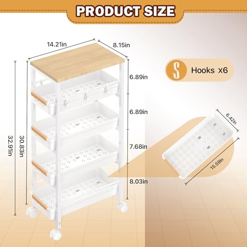 SUNALLY Slim Storage Cart with Pull-Out Baskets, 5-Tier Rolling Kitchen Cart with Wooden Top & Lockable Wheels, Narrow Space Utility Cart Organizer for Kitchen, Bathroom, Laundry Room, White - color: White