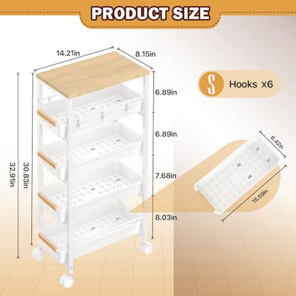 SUNALLY Slim Storage Cart with Pull-Out Baskets, 5-Tier Rolling Kitchen Cart with Wooden Top & Lockable Wheels, Narrow Space Utility Cart Organizer for Kitchen, Bathroom, Laundry Room, White - color: White
